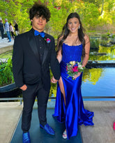 Adela | Mermaid Lace Black Strapless Corset Prom Dress with Slit and Train - Royal Blue - PromDressClub